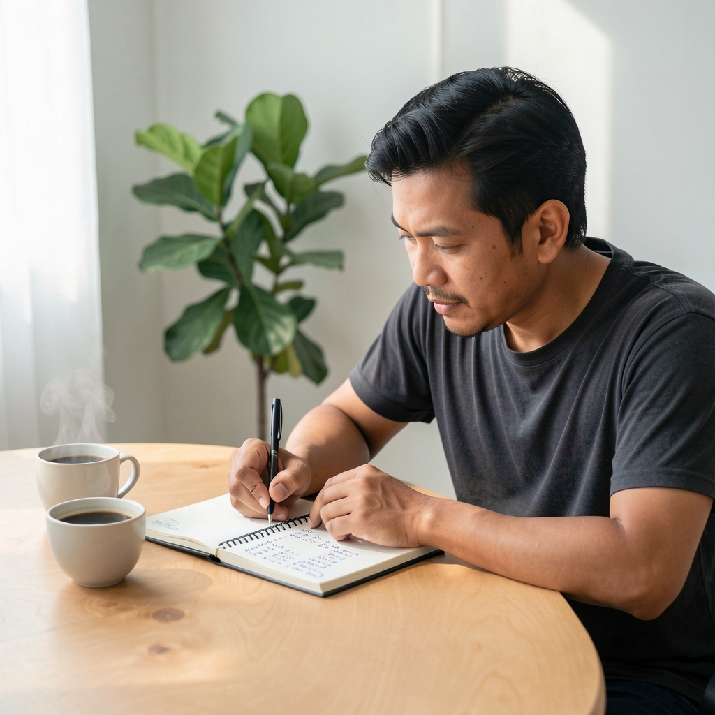 Indonesian man in his late 30s reviewing handwritten workout tracking journal notes at a minimalist wooden desk with morning coffee and a green plant in the background