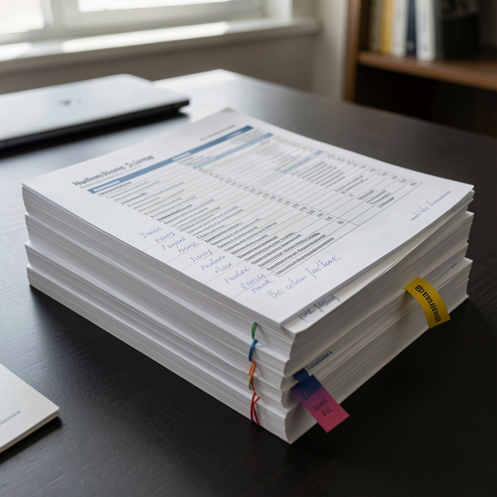 Stack of printed nutritional science journal articles and research papers on a dark desk with handwritten margin notes and bookmarks