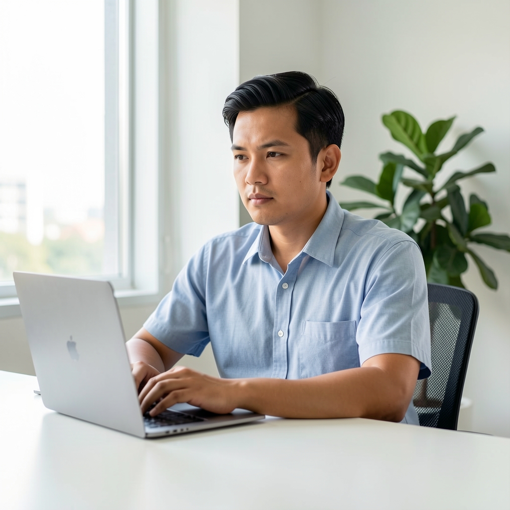 Indonesian man in his 30s sitting at a clean bright desk with a laptop open, eyes focused and posture upright, natural daylight from window, indoor plant visible